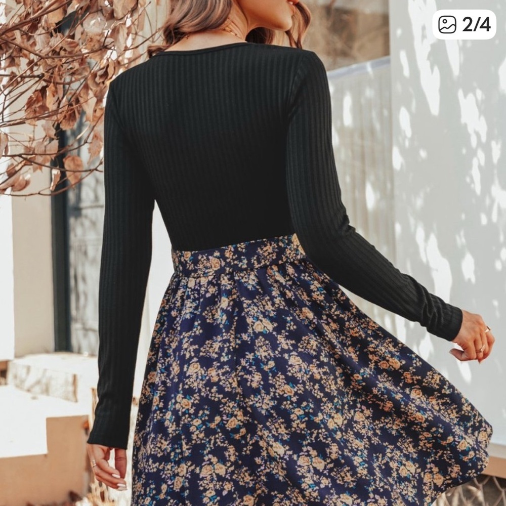 NWT Black Golden Ditsy Floral Print A Line Long Sleeve Mini Dress - Picture 2 of 4